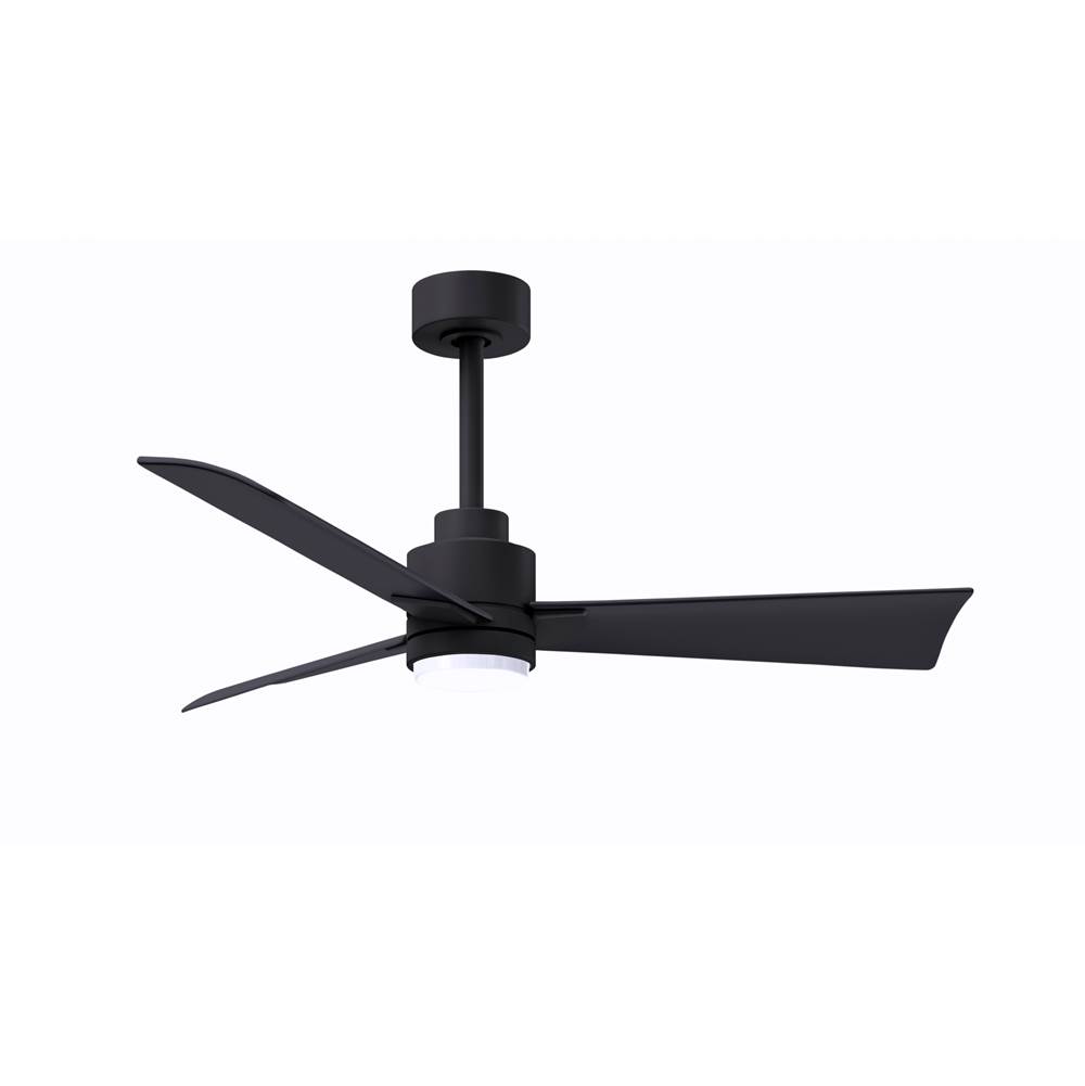 Matthews Fan Company Alessandra 3-blade transitional ceiling fan in matte black finish with brushed nickel blades. Optimized for wet location