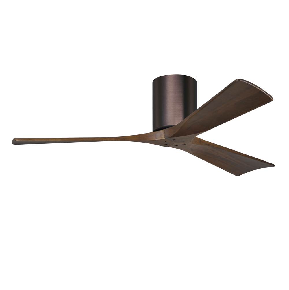 Matthews Fan Company Irene-3H three-blade flush mount paddle fan in Brushed Bronze finish with 52'' solid walnut tone blades.