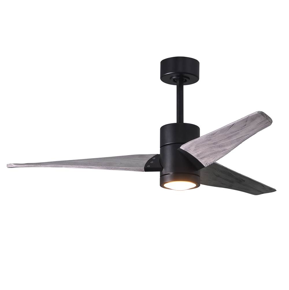 Matthews Fan Company Super Janet three-blade ceiling fan in Matte Black finish with 52'' solid barn wood tone blades and dimmable LED light kit