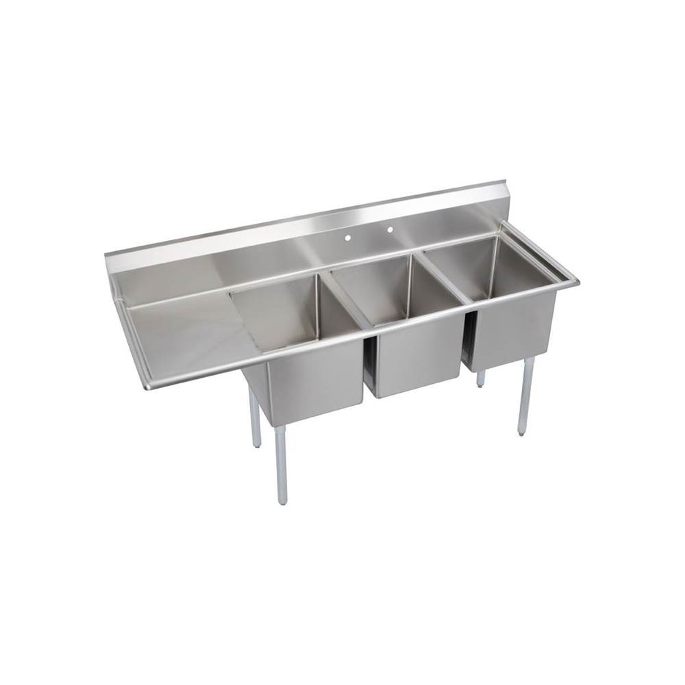 Elkay Dependabilt Stainless Steel 72-1/2'' x 25-13/16'' x 43-3/4'' 16 Gauge Three Compartment Sink w/ 18'' Left Drainboard and Stainless Steel Legs