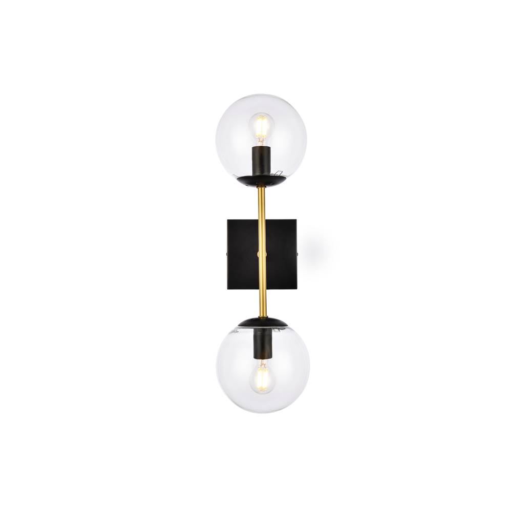 Elegant Lighting Neri 2 lights black and brass and clear glass wall sconce