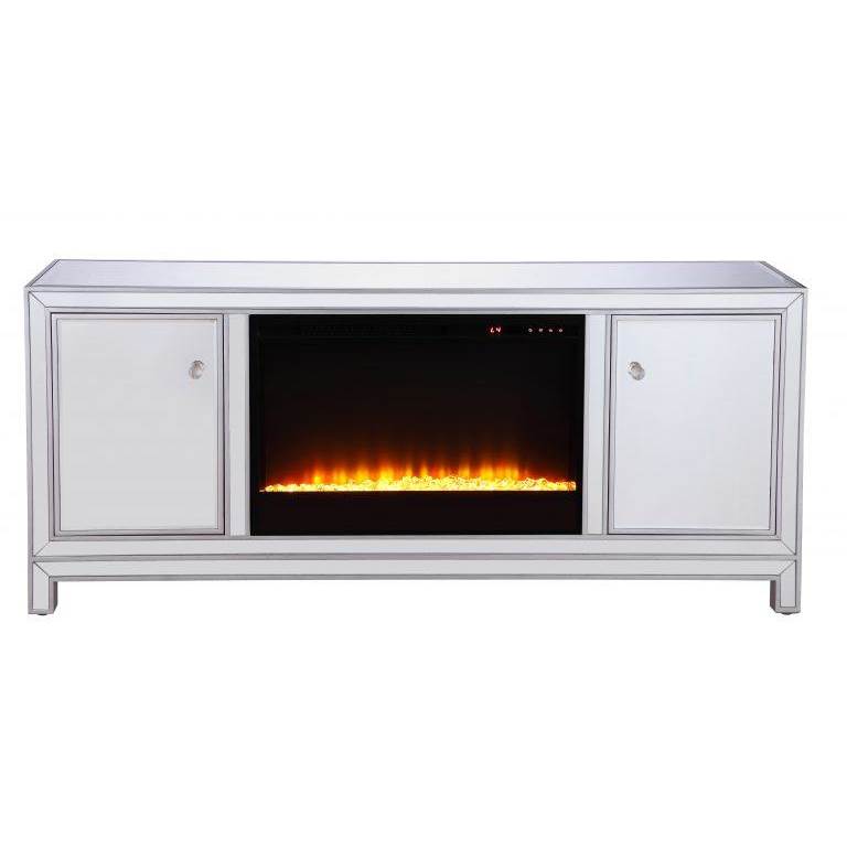 Elegant Lighting 60 In. Mirrored Tv Stand With Crystal Fireplace Insert In Antique Silver