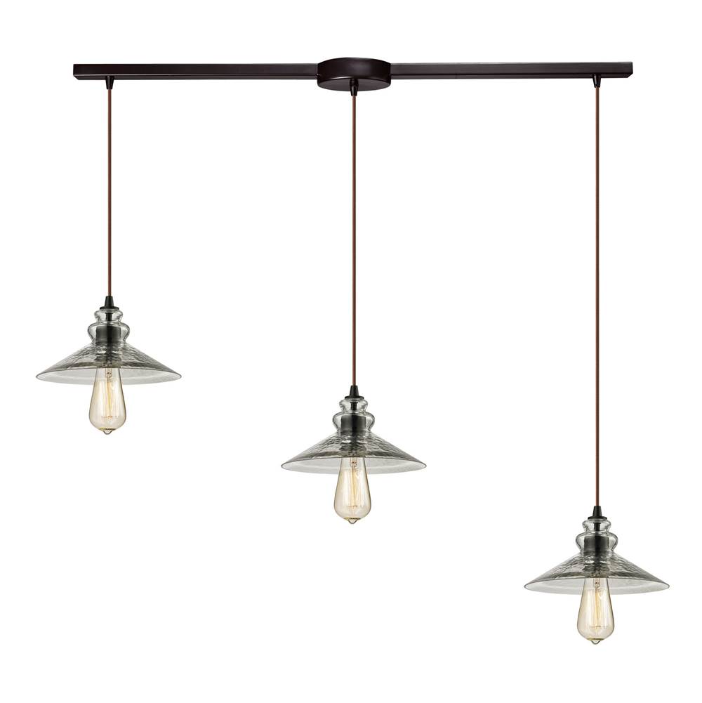 Elk Lighting Hammered Glass 3-Light Linear Pendant Fixture in Oiled Bronze With Hammered Clear Glass