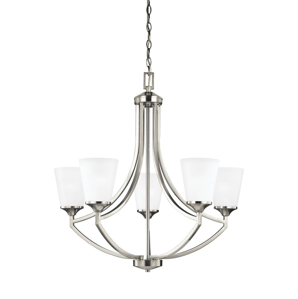 Generation Lighting Hanford Traditional 5-Light Indoor Dimmable Ceiling Chandelier Pendant Light In Brushed Nickel Silver Finish With Satin Etched Glass Shades