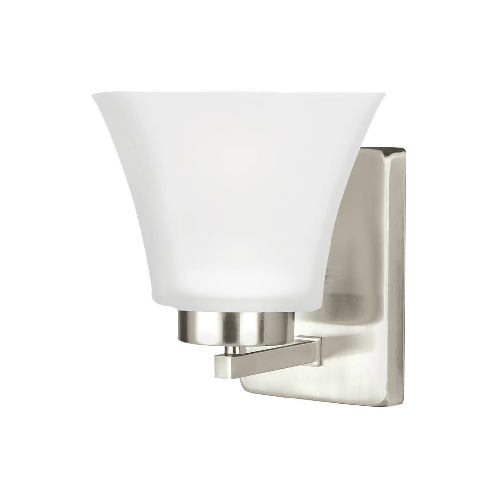 Generation Lighting Bayfield Contemporary 1-Light Indoor Dimmable Bath Vanity Wall Sconce In Brushed Nickel Silver Finish With Satin Etched Glass Shade