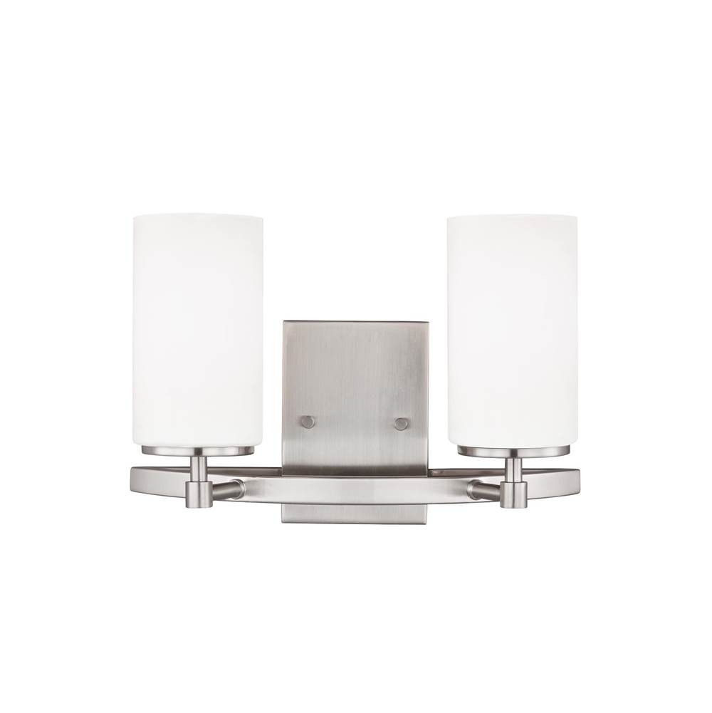 Generation Lighting Alturas Contemporary 2-Light Indoor Dimmable Bath Vanity Wall Sconce In Brushed Nickel Silver Finish With Etched White Inside Glass Shades