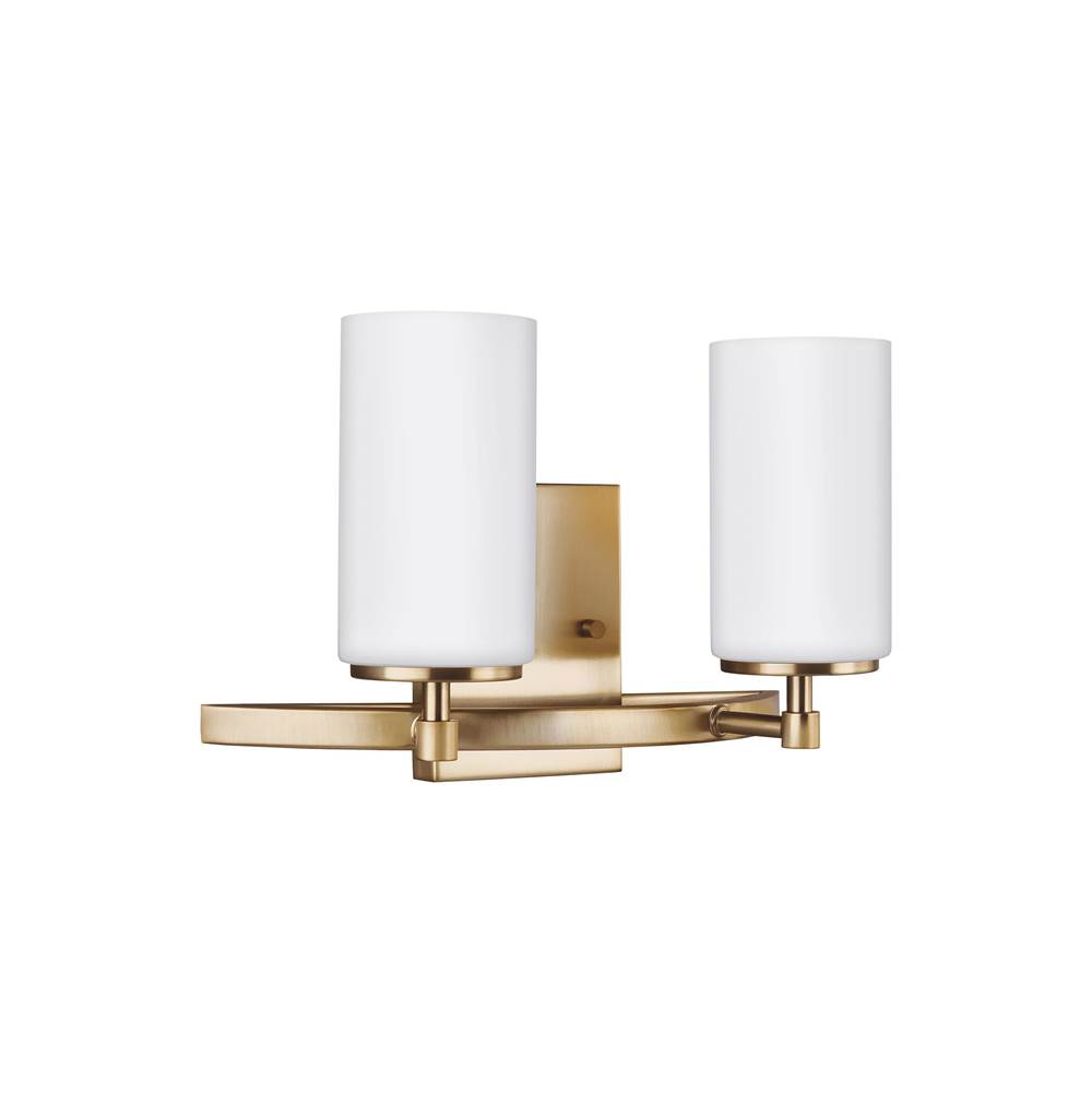 Generation Lighting Alturas Contemporary 2-Light Led Indoor Dimmable Bath Vanity Wall Sconce In Satin Brass Gold Finish With Etched White Inside Glass Shades