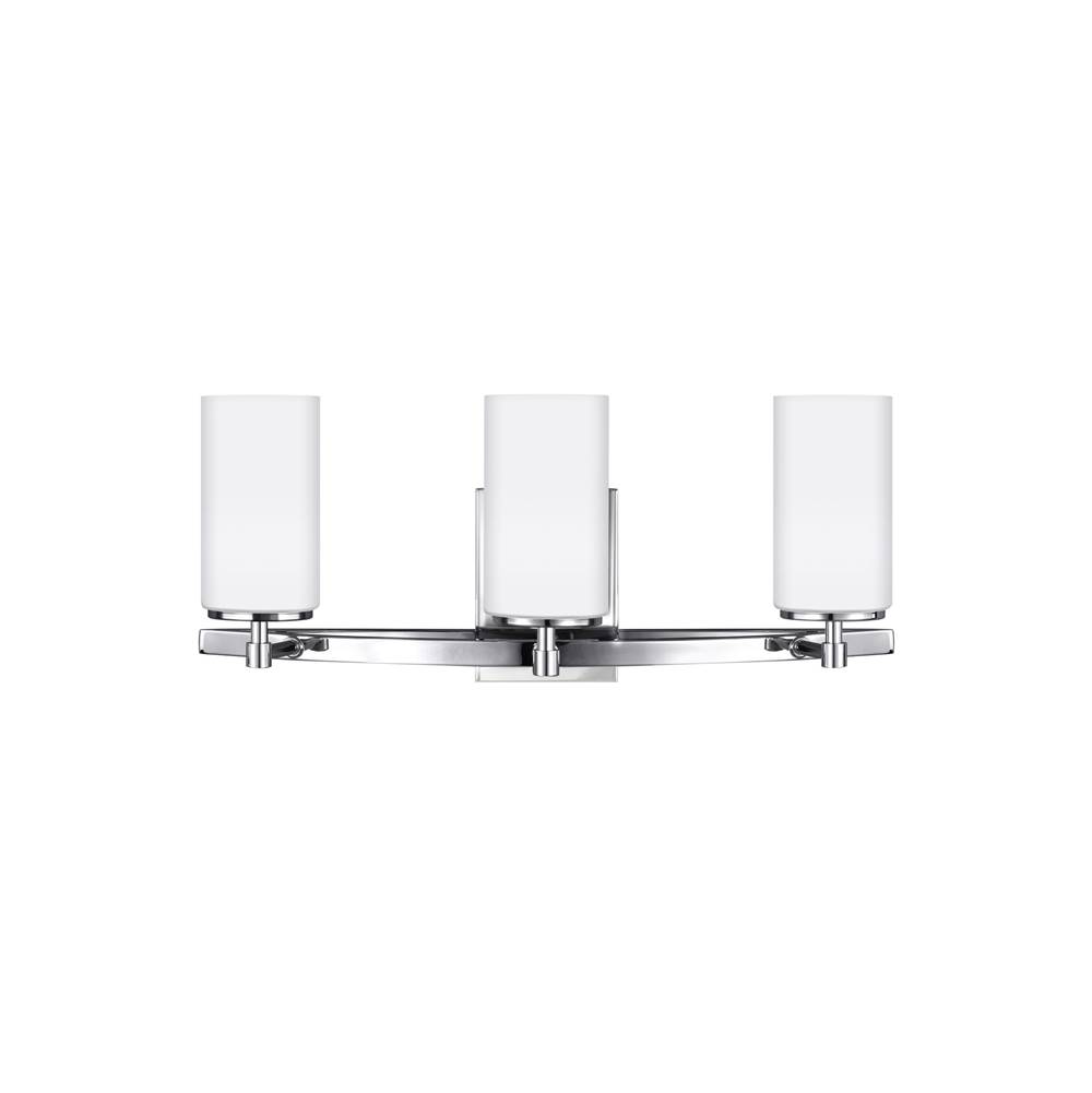Generation Lighting Alturas Contemporary 3-Light Indoor Dimmable Bath Vanity Wall Sconce In Chrome Silver Finish With Etched White Inside Glass Shades
