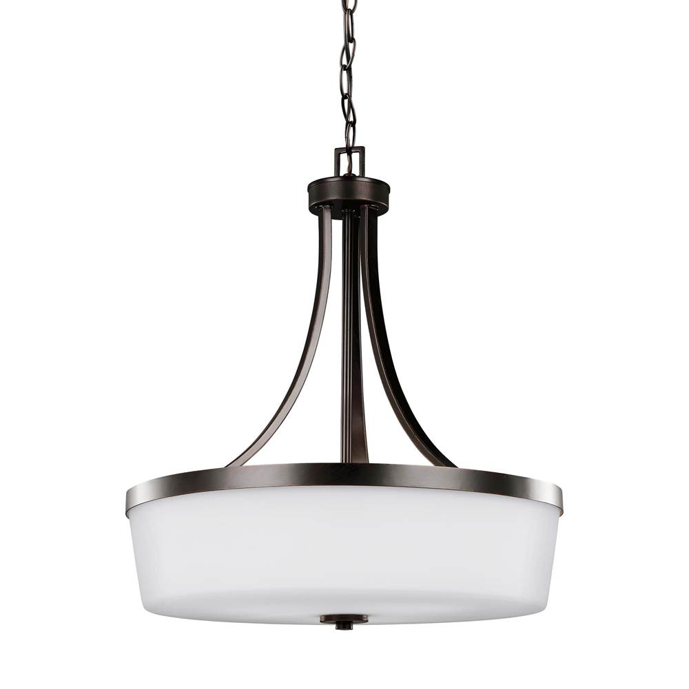 Generation Lighting Hettinger Transitional 3-Light Indoor Dimmable Ceiling Pendant Hanging Chandelier Pendant Light In Bronze Finish W/Etched White Inside Glass Shade