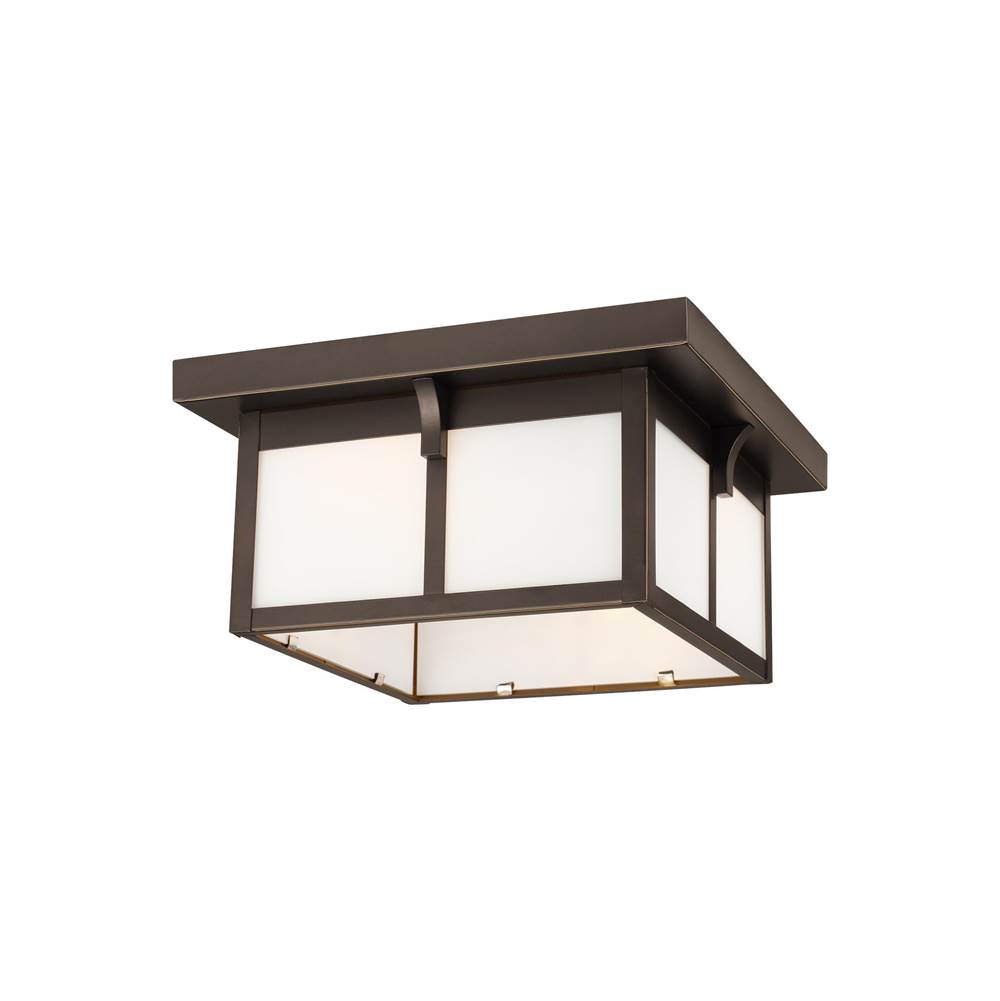 Generation Lighting Tomek Modern 2-Light Led Outdoor Exterior Ceiling Flush Mount In Antique Bronze Finish With Etched White Glass Panels