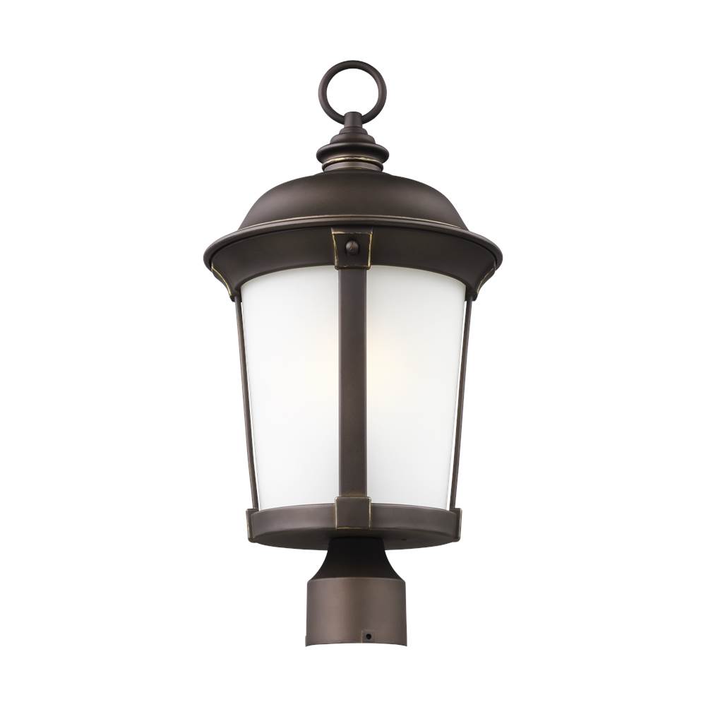 Generation Lighting Calder Traditional 1-Light Outdoor Exterior Post Lantern In Antique Bronze Finish With Satin Etched Glass Shade