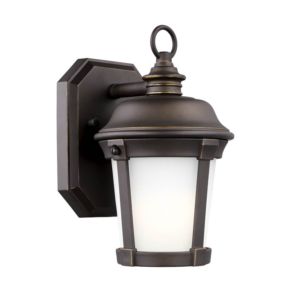 Generation Lighting Calder Traditional 1-Light Led Outdoor Exterior Small Wall Lantern Sconce In Antique Bronze Finish With Satin Etched Glass Shade