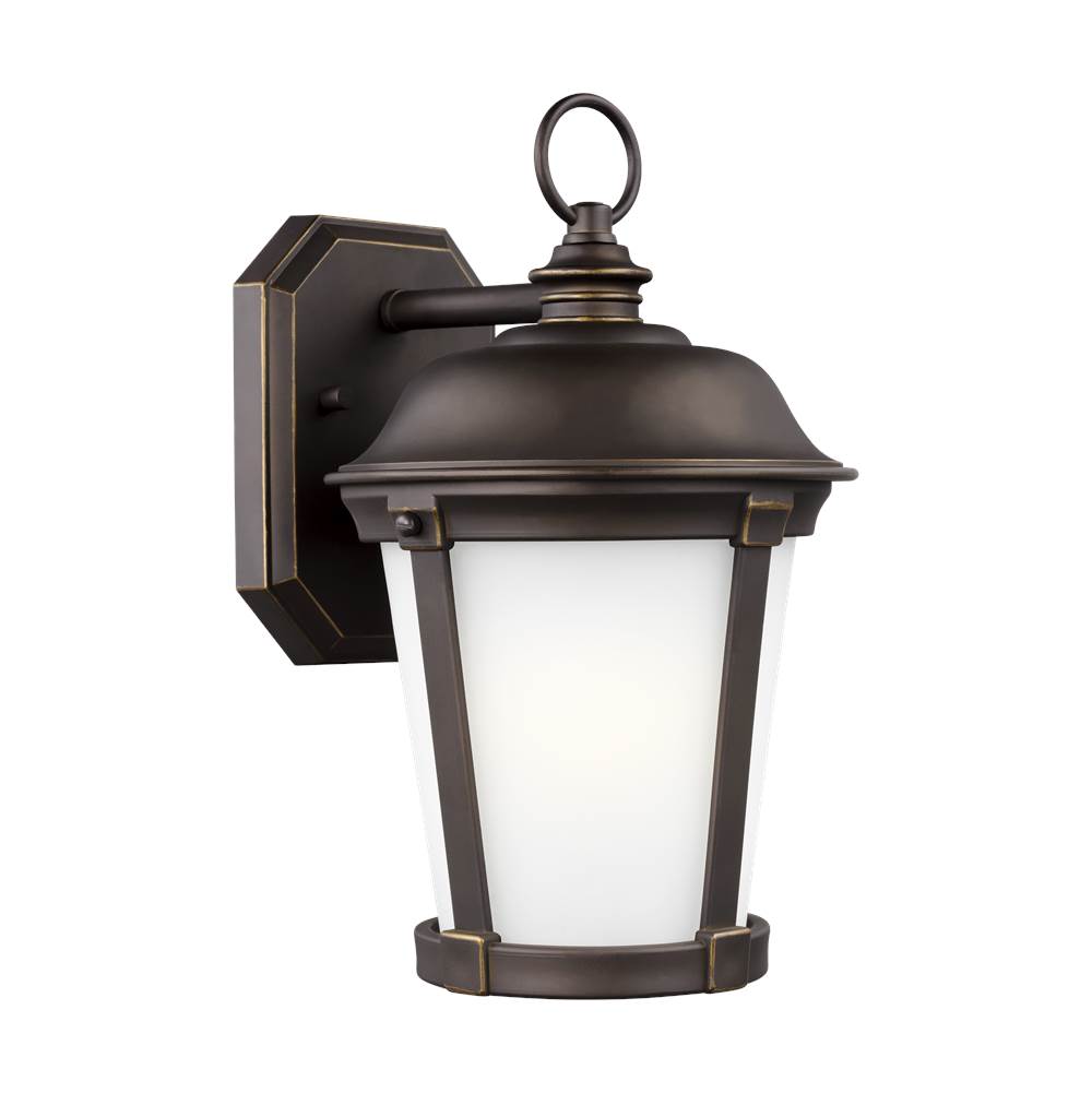 Generation Lighting Calder Traditional 1-Light Led Outdoor Exterior Medium Wall Lantern Sconce In Antique Bronze Finish With Satin Etched Glass Shade