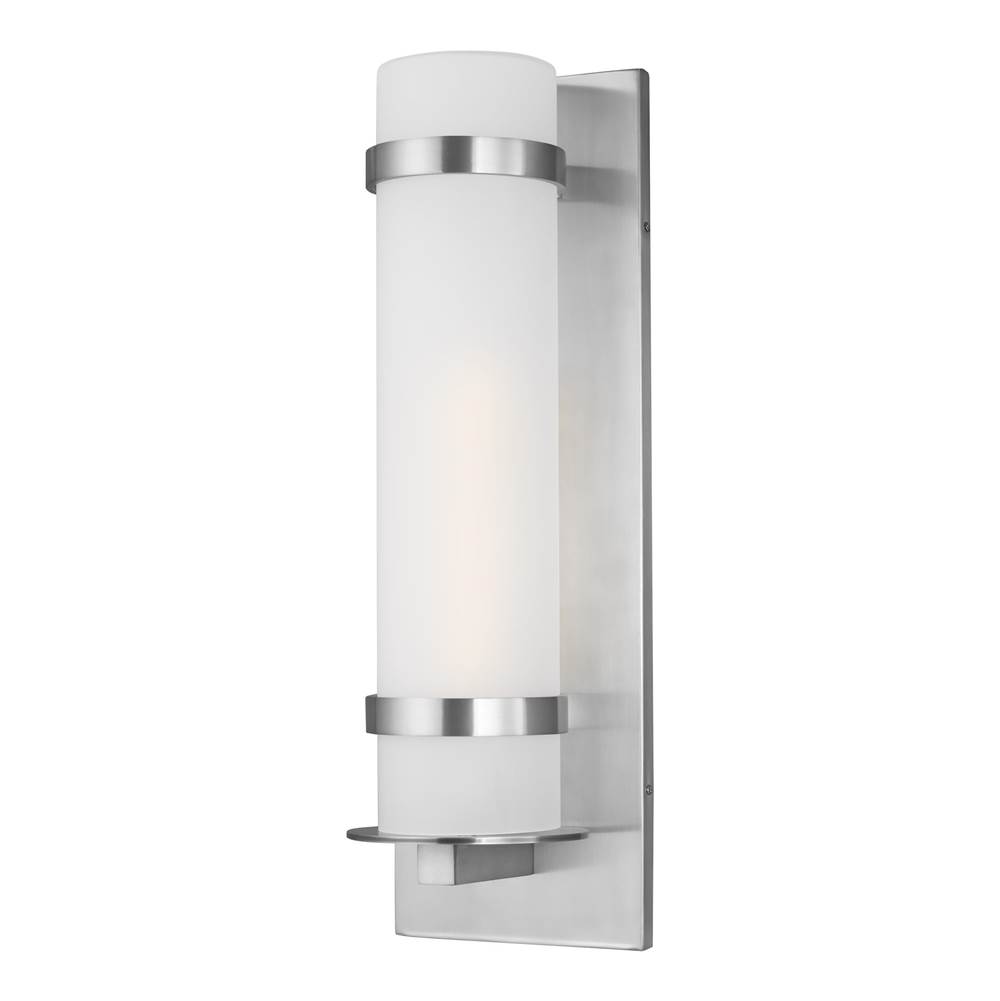 Generation Lighting Alban Modern 1-Light Led Outdoor Exterior Large Round Wall Lantern Sconce In Satin Aluminum Silver Finish With Etched Opal Glass Shade