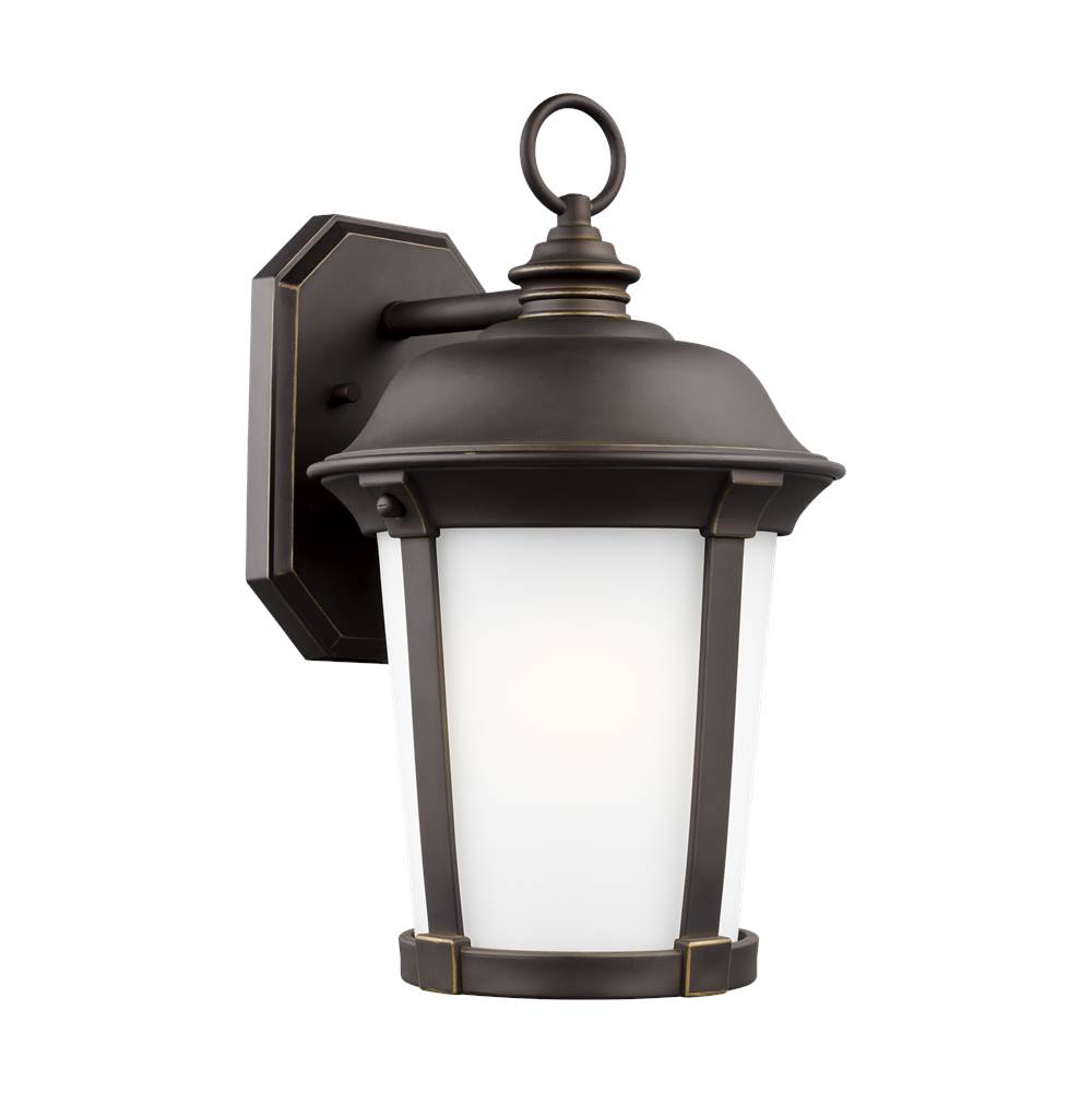 Generation Lighting Calder Traditional 1-Light Outdoor Exterior Large Wall Lantern Sconce In Antique Bronze Finish With Satin Etched Glass Shade