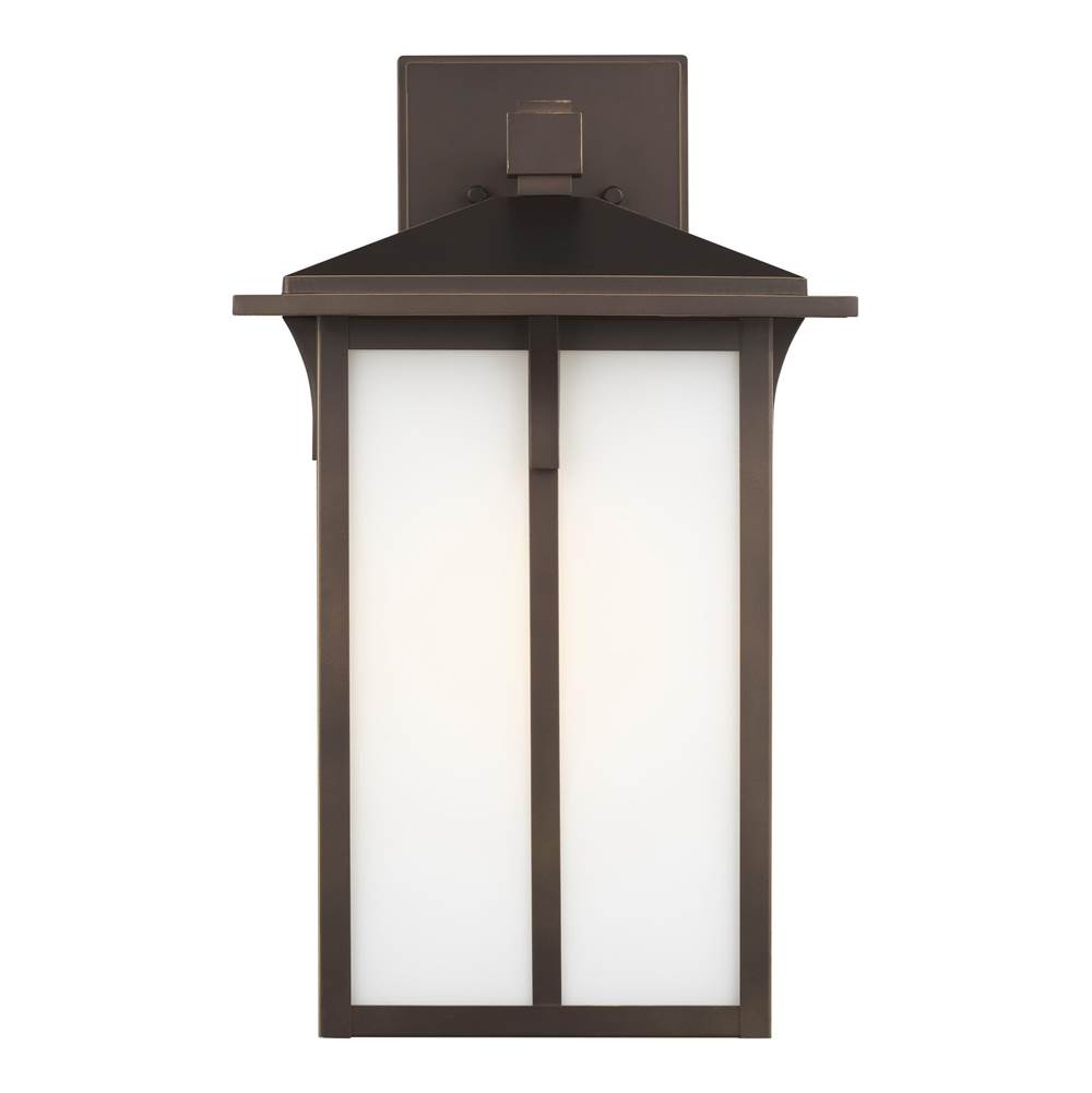 Generation Lighting Tomek Modern 1-Light Led Outdoor Exterior Large Wall Lantern Sconce In Antique Bronze Finish With Etched White Glass Panels