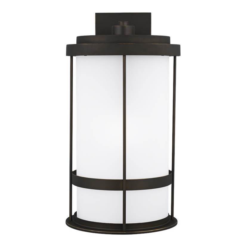 Generation Lighting Wilburn Modern 1-Light Outdoor Exterior Dark Sky Compliant Extra Large Wall Lantern Sconce In Antique Bronze Finish With Satin Etched Glass Shade