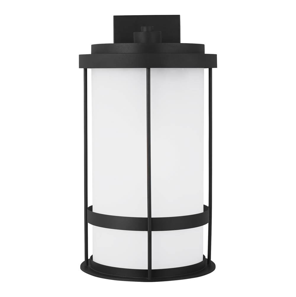 Generation Lighting Wilburn Modern 1-Light Led Outdoor Exterior Dark Sky Compliant Extra Large Wall Lantern Sconce In Black Finish With Satin Etched Glass Shade