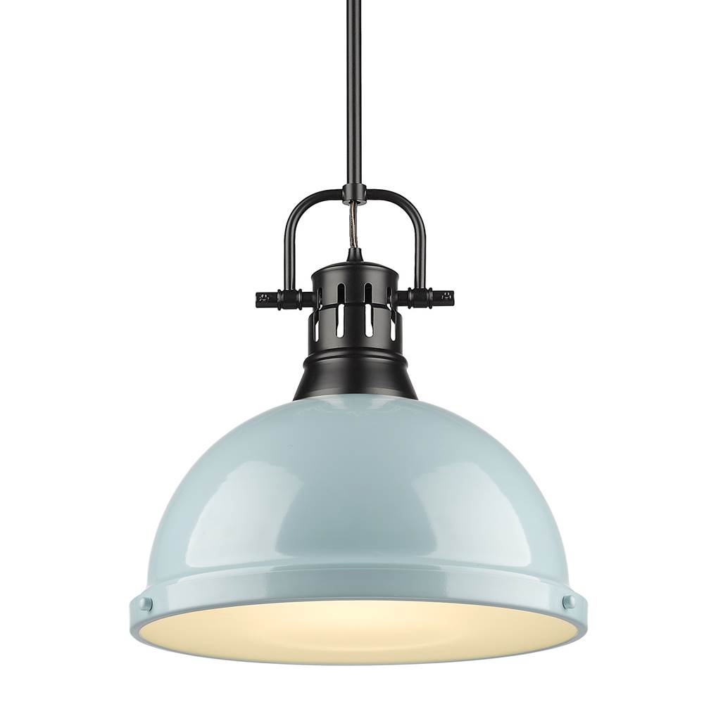 Golden Lighting Duncan 1 Light Pendant with Rod in Matte Black with a Seafoam Shade