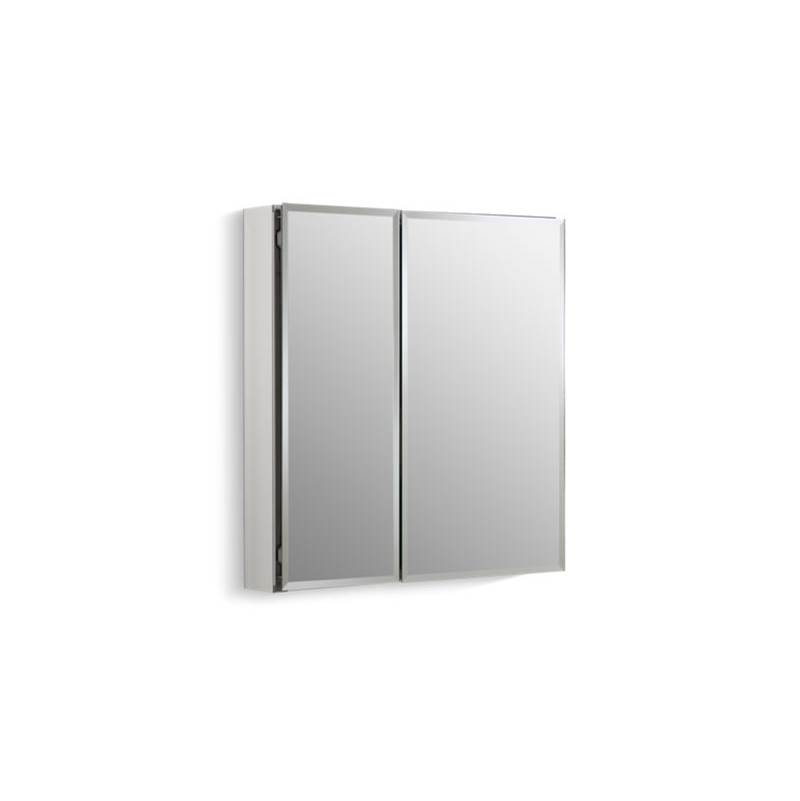 Kohler 25'' W x 26'' H aluminum two-door medicine cabinet with mirrored doors, beveled edges