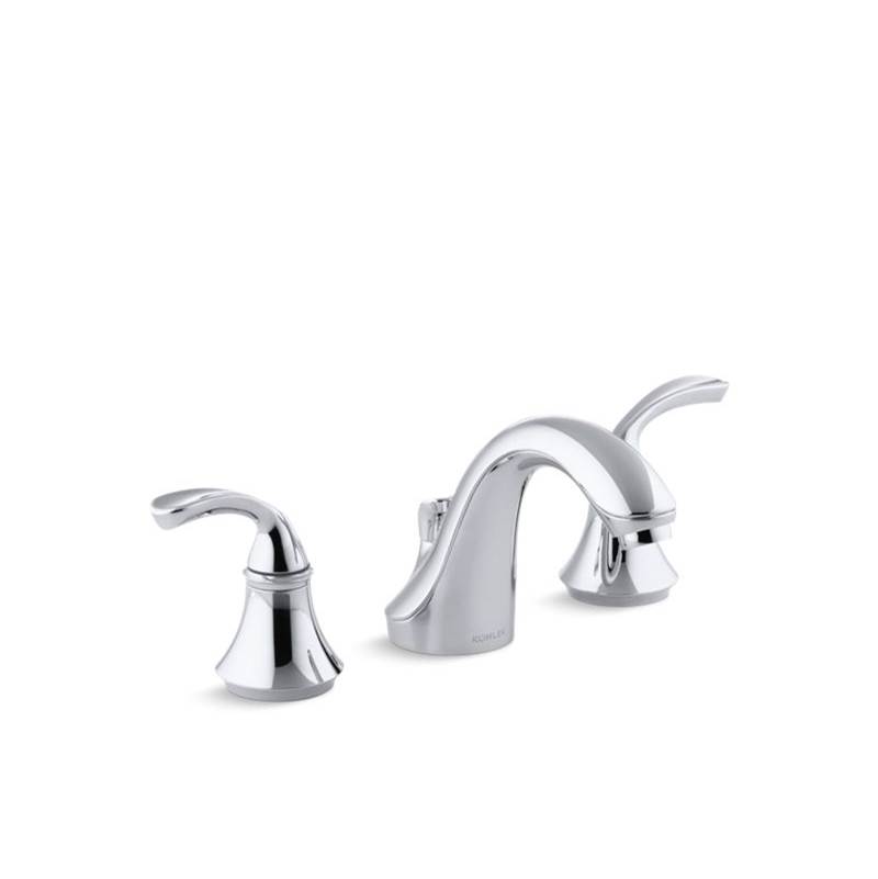Kohler Forte® Widespread commercial bathroom sink faucet with sculpted lever handles, metal drain, red/blue indexing and vandal-resistant aerator