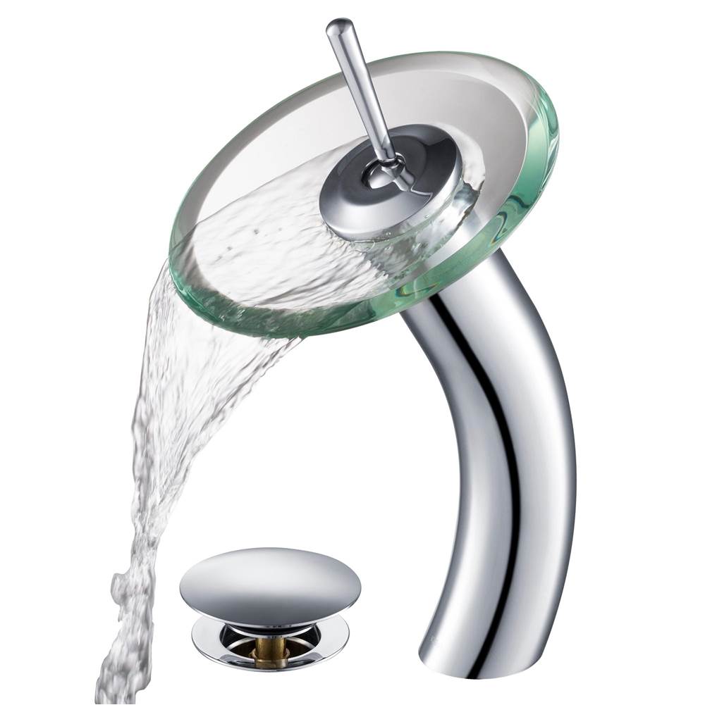 Kraus KRAUS Tall Waterfall Bathroom Faucet for Vessel Sink with Clear Glass Disk and Pop-Up Drain, Chrome Finish