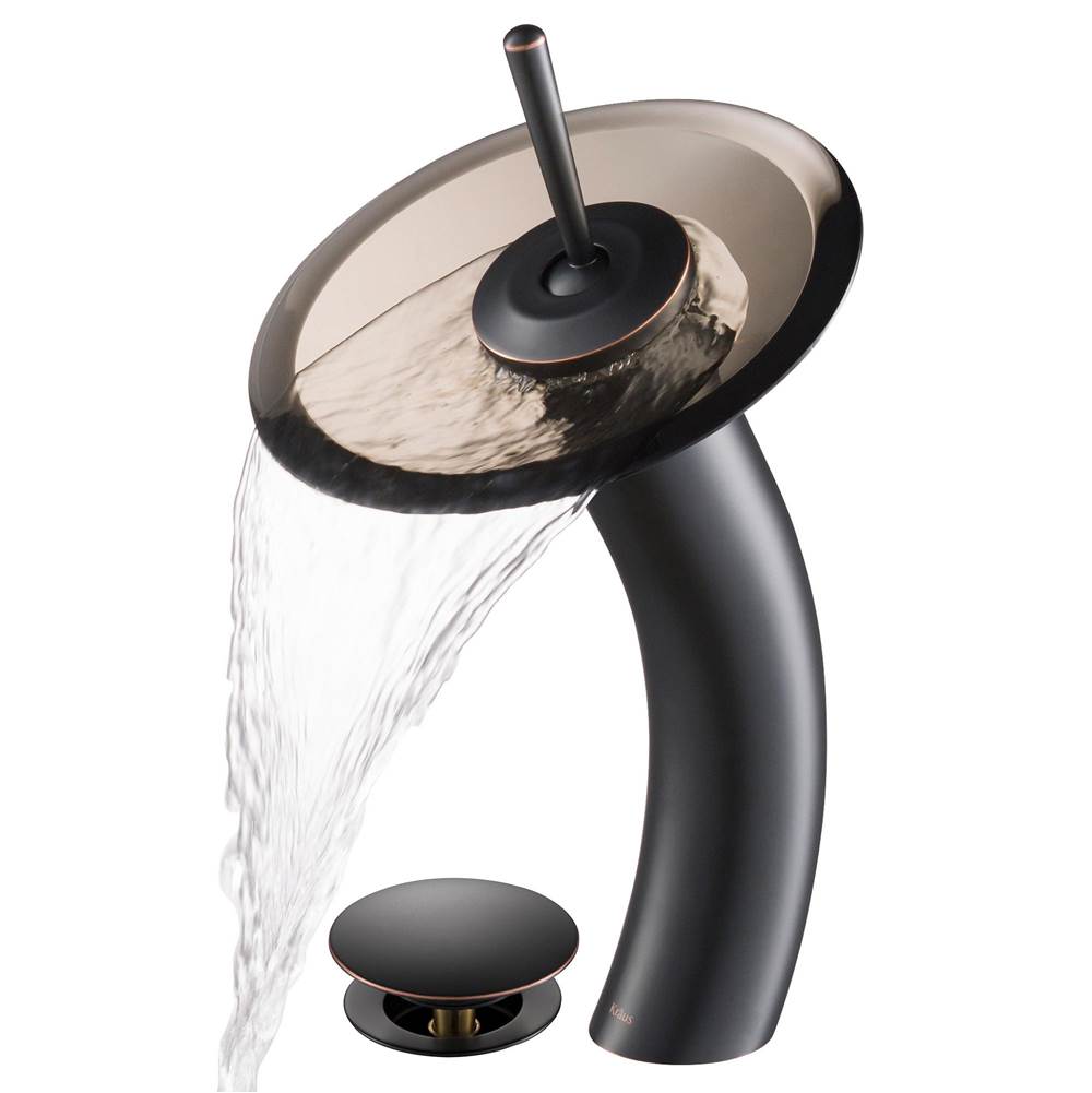 Kraus KRAUS Tall Waterfall Bathroom Faucet for Vessel Sink with Clear Brown Glass Disk and Pop-Up Drain, Oil Rubbed Bronze Finish