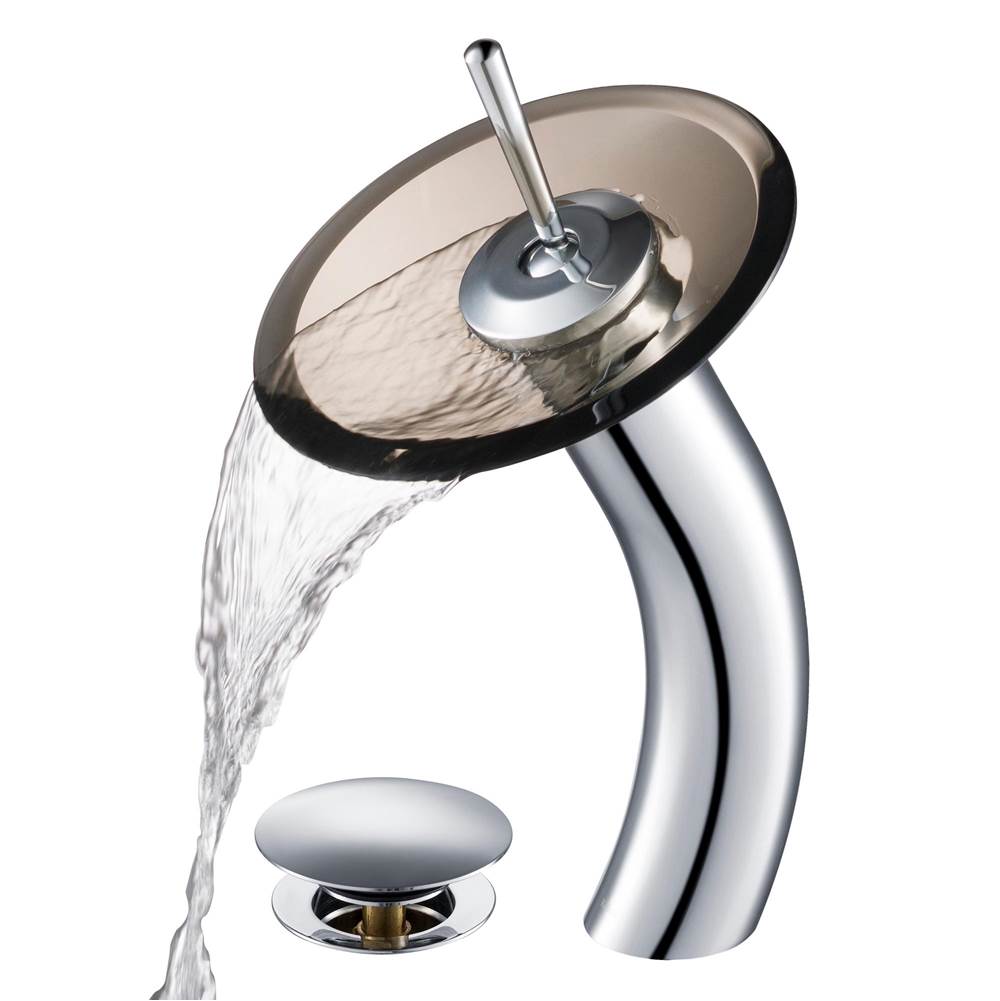 Kraus KRAUS Tall Waterfall Bathroom Faucet for Vessel Sink with Clear Brown Glass Disk and Pop-Up Drain, Chrome Finish