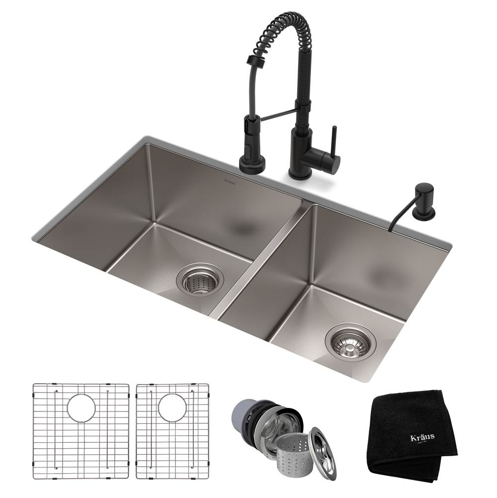 Kraus 33-inch 16 Gauge Double Bowl 60/40 Standart PRO Kitchen Sink Combo Set with Matte Black Bolden 18-inch Kitchen Faucet and Soap Dispenser