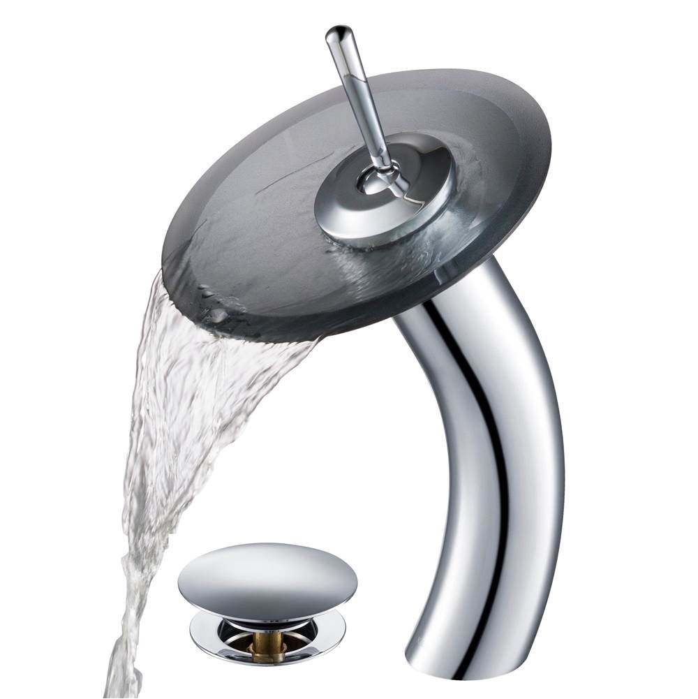 Kraus KRAUS Tall Waterfall Bathroom Faucet for Vessel Sink with Frosted Black Glass Disk and Pop-Up Drain, Chrome Finish