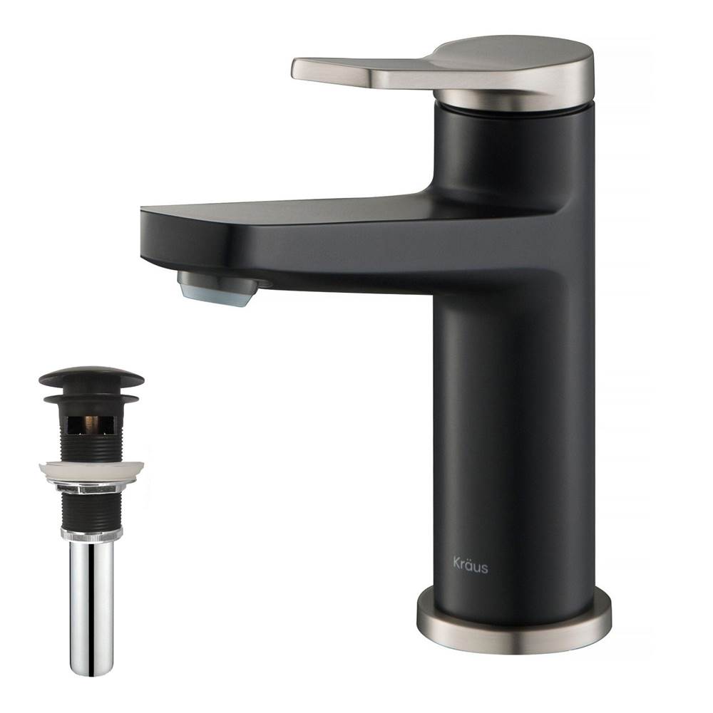 Kraus Indy Single Handle Bathroom Faucet in Spot Free Stainless Steel/Matte Black and Pop Up Drain with Overflow