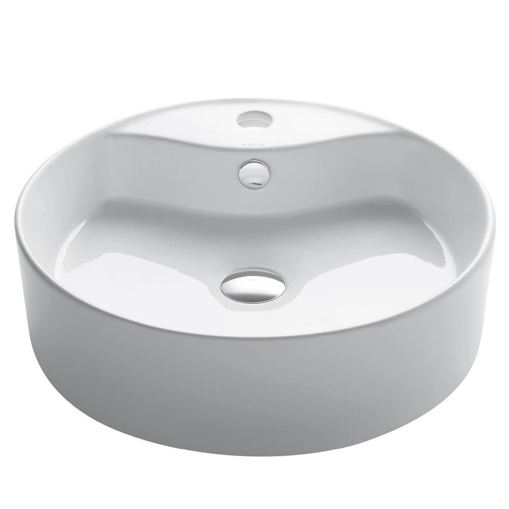 Kraus KRAUS Elavo Round Vessel White Porcelain Ceramic Bathroom Sink with Overflow, 18 inch
