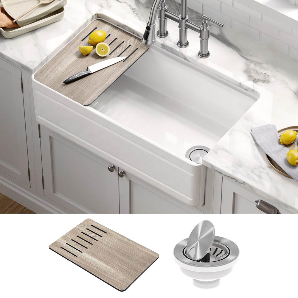 Kraus KRAUS Turino Workstation 33'' Farmhouse Reversible Apron Front Fireclay Single Bowl Kitchen Sink with Accessories in Gloss White