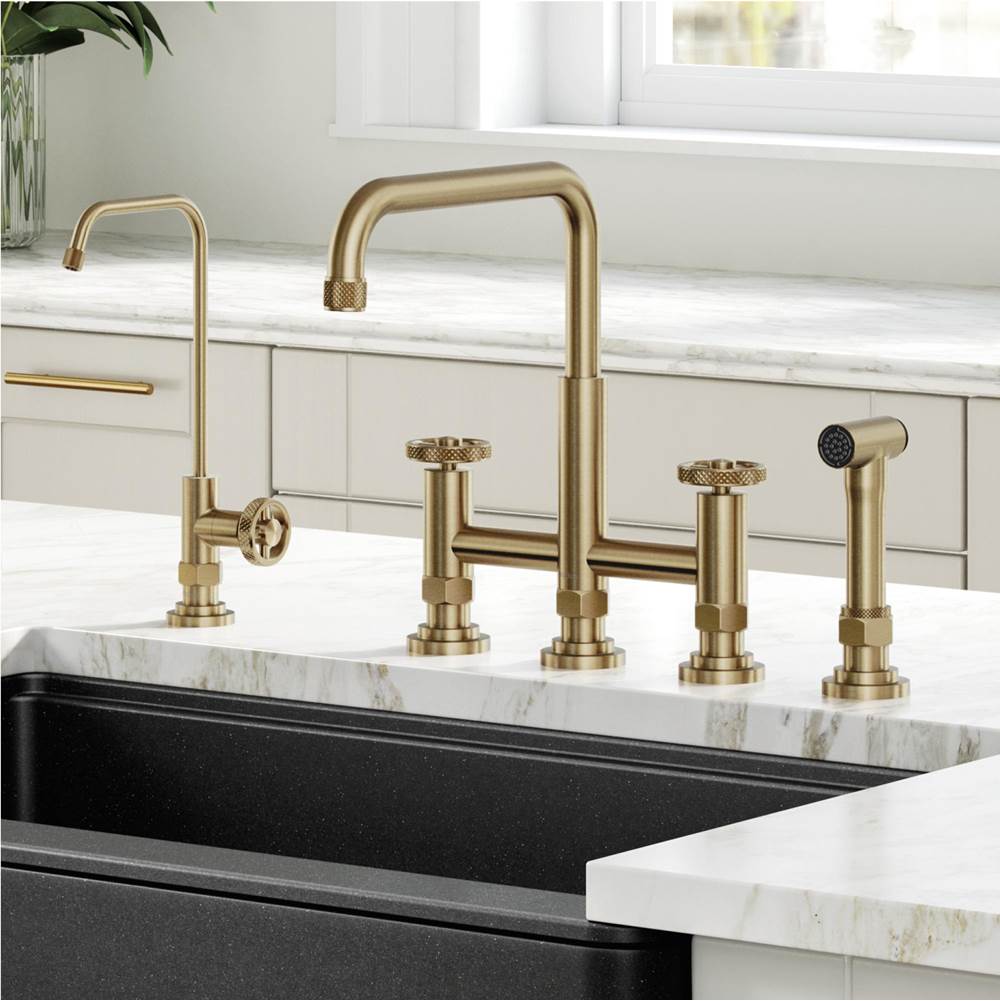 Kraus Urbix Industrial Bridge Kitchen Faucet and Water Filter Faucet Combo in Brushed Gold