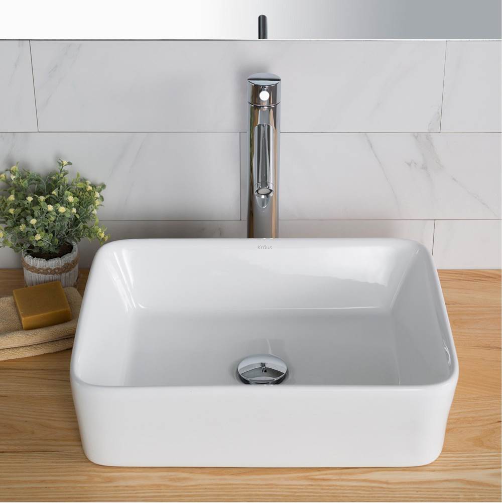 Kraus Elavo Modern Rectangular White Porcelain Ceramic Bathroom Sink, 19 inch and Ramus Single Handle  Faucet with Pop-Up Drain in Spot Free Stainless Steel