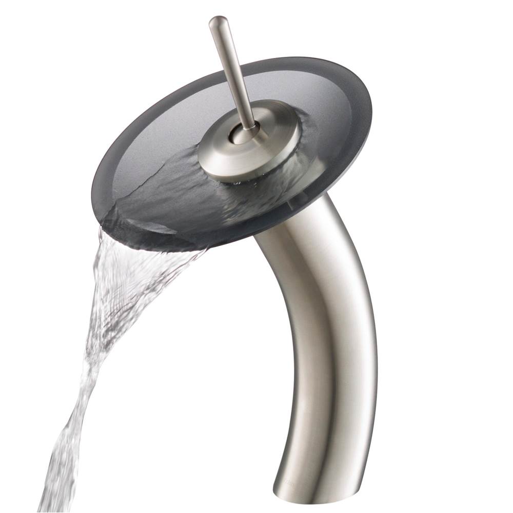 Kraus KRAUS Tall Waterfall Bathroom Faucet for Vessel Sink with Frosted Black Glass Disk, Satin Nickel Finish