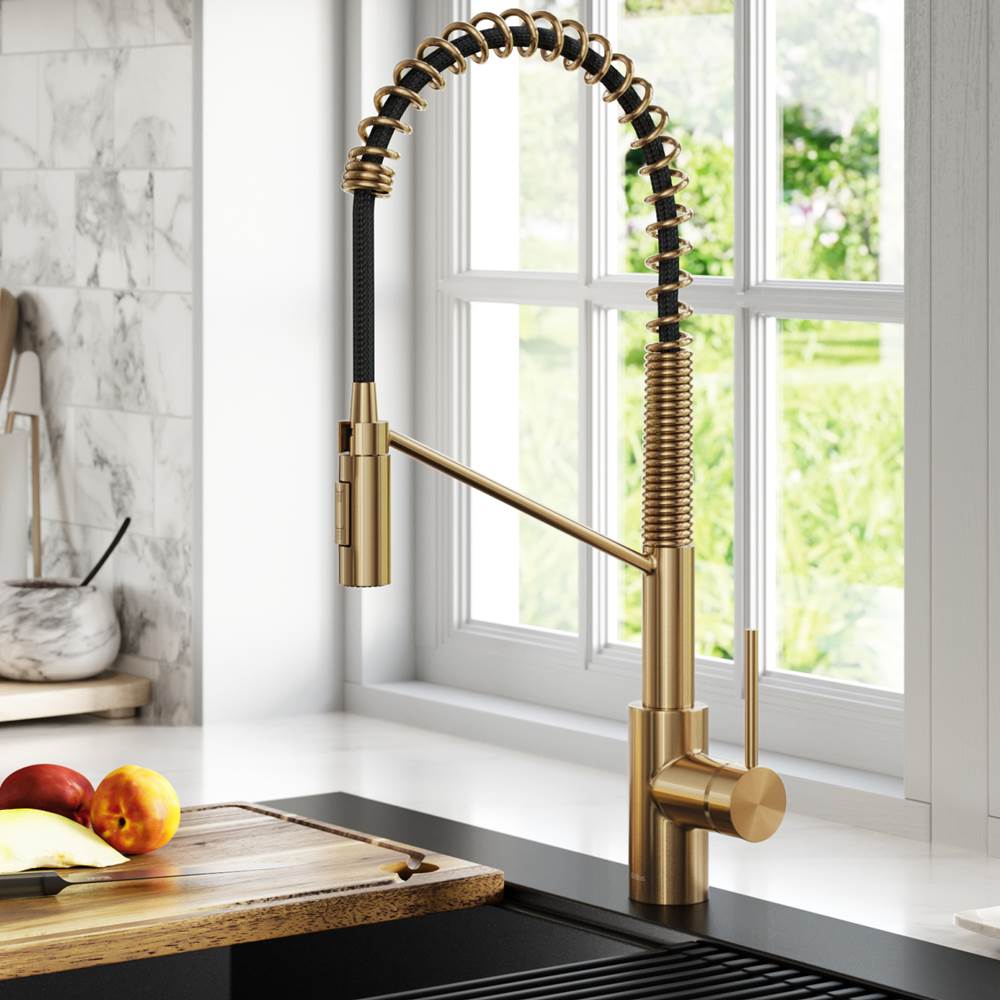 Kraus KRAUS Oletto Commercial Style Pull-Down Single Handle Kitchen Faucet with QuickDock Top Mount Installation Assembly in Brushed Brass