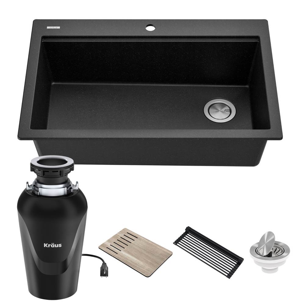 Kraus Bellucci Workstation 33 in. Drop-In Granite Composite Single Bowl Kitchen Sink in Metallic Black with Accessories with Garbage Disposal