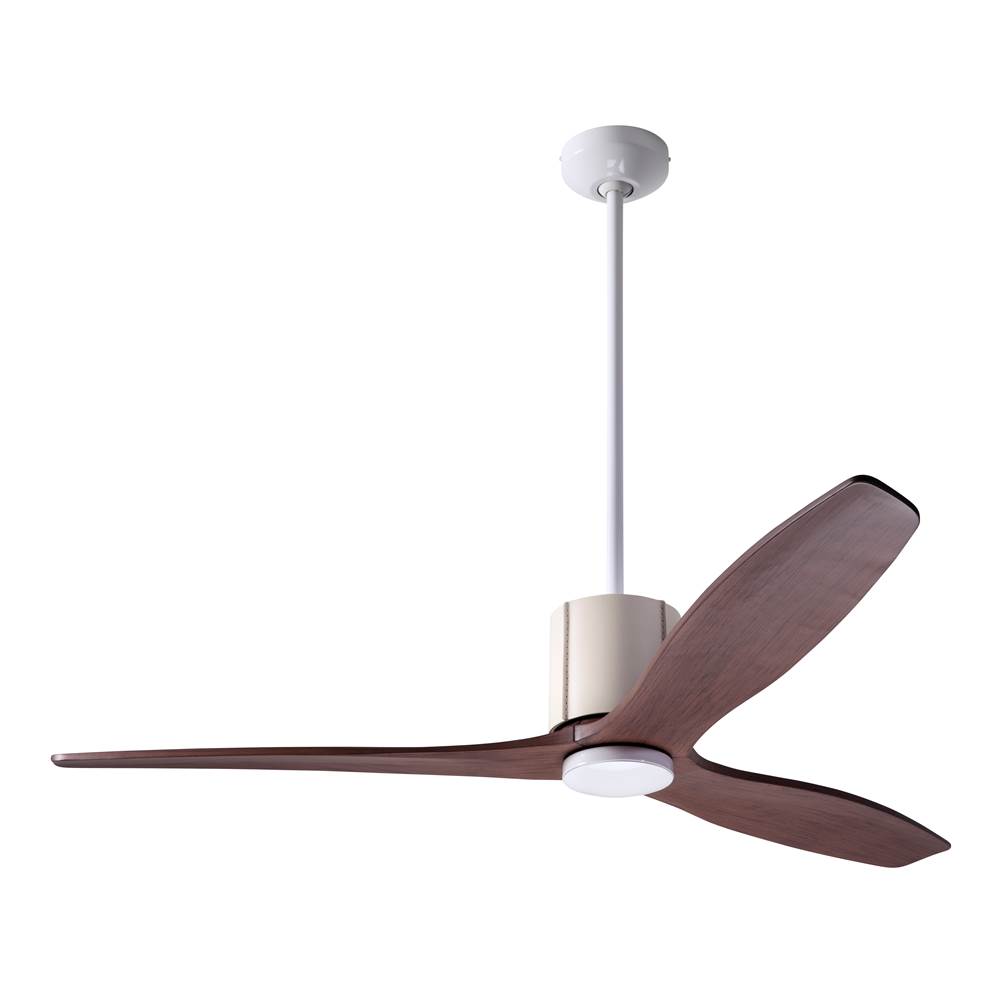 Modern Fan Company LeatherLuxe DC Fan; Gloss White Finish with Ivory Leather; 54'' Mahogany Blades; No Light; Remote Control