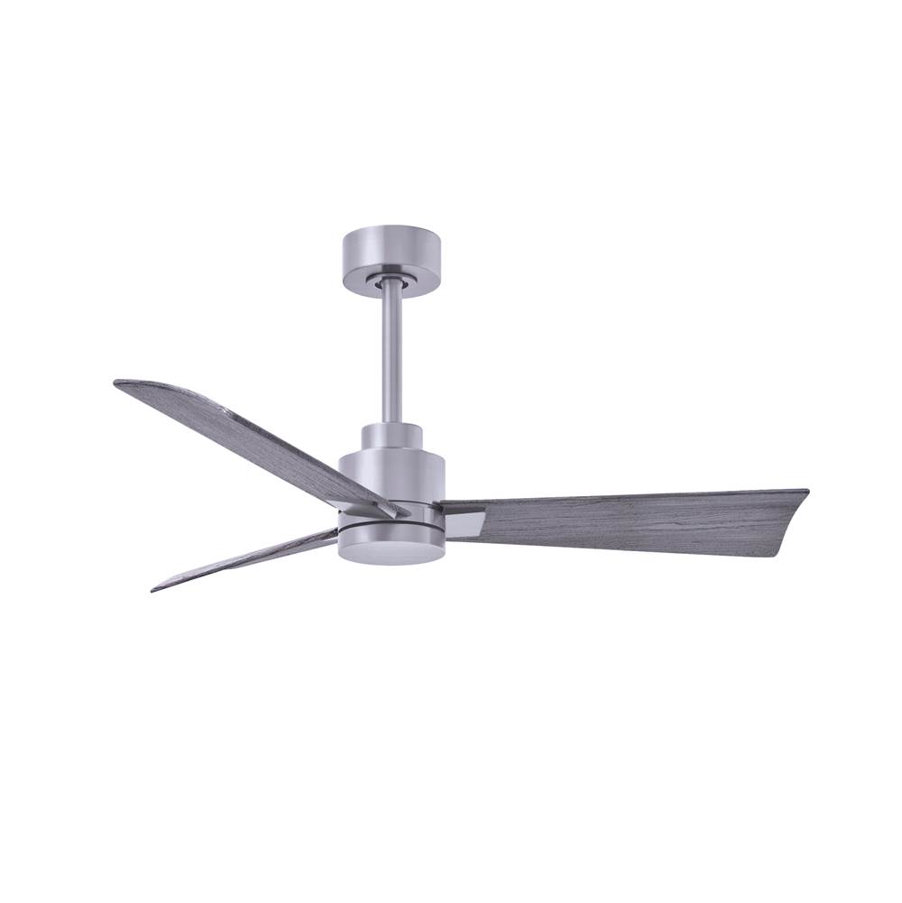 Matthews Fan Company Alessandra 3-blade transitional ceiling fan in brushed nickel finish with barnwood blades. Optimized for wet location
