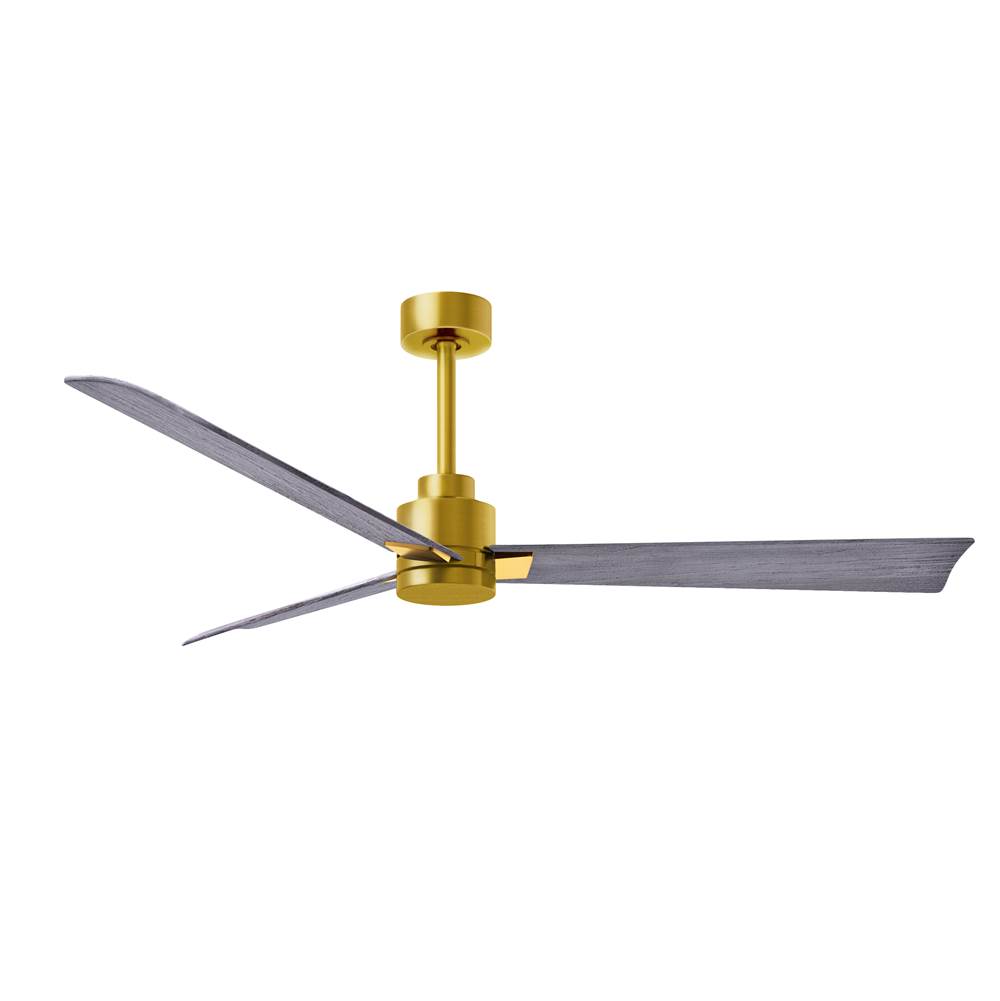 Matthews Fan Company Alessandra 3-blade transitional ceiling fan in brushed brass finish with barnwood blades. Optimized for wet location