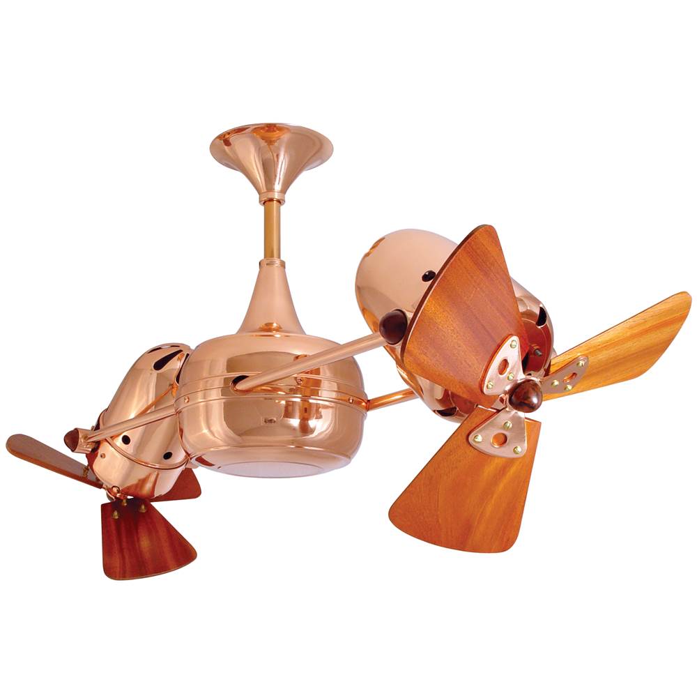 Matthews Fan Company Duplo Dinamico 360'' rotational dual head ceiling fan in Polished Copper finish with solid sustainable mahogany wood blades.