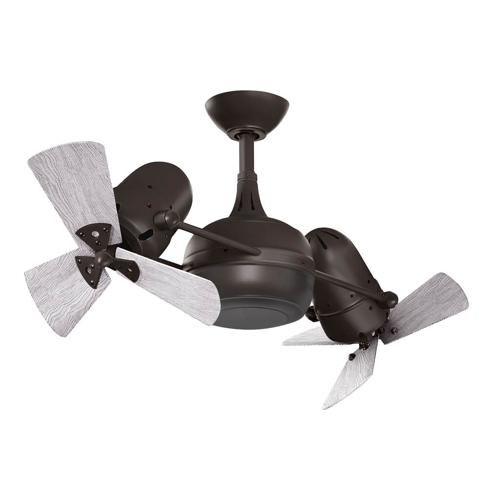 Matthews Fan Company Dagny 360degree double-headed rotational ceiling fan in Textured Bronze finish with solid barn wood blades.