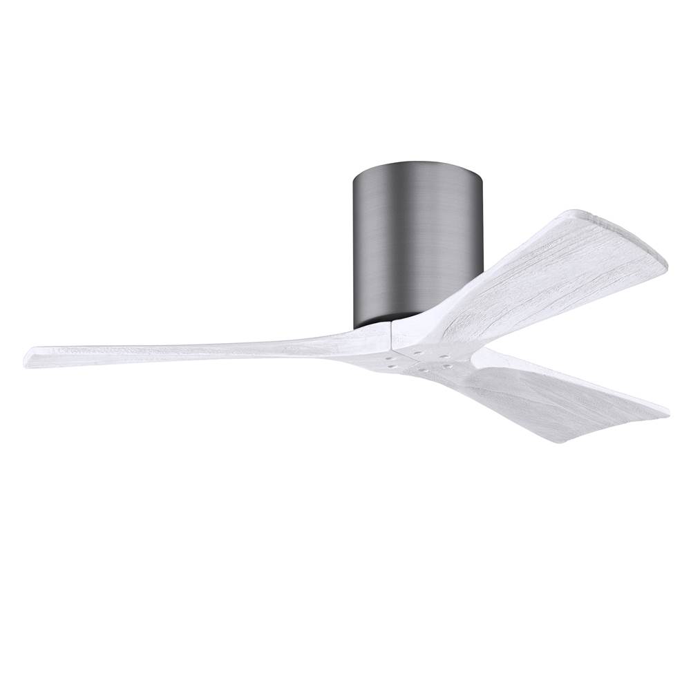 Matthews Fan Company Irene-3H three-blade flush mount paddle fan in Brushed Pewter finish with 42'' solid matte white wood blades.