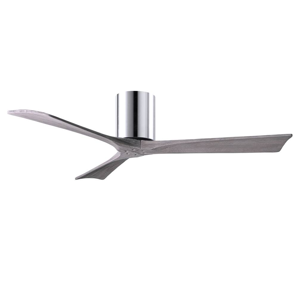 Matthews Fan Company Irene-3H three-blade flush mount paddle fan in Polished Chrome finish with 52'' solid barn wood tone blades.