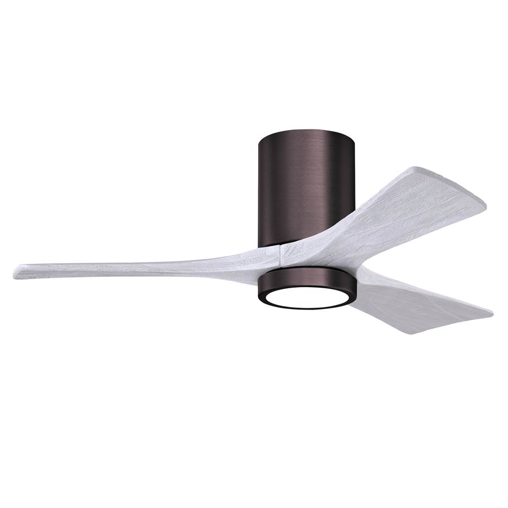 Matthews Fan Company Irene-3HLK three-blade flush mount paddle fan in Brushed Bronze finish with 42'' solid matte white wood blades and integrated LED light kit.