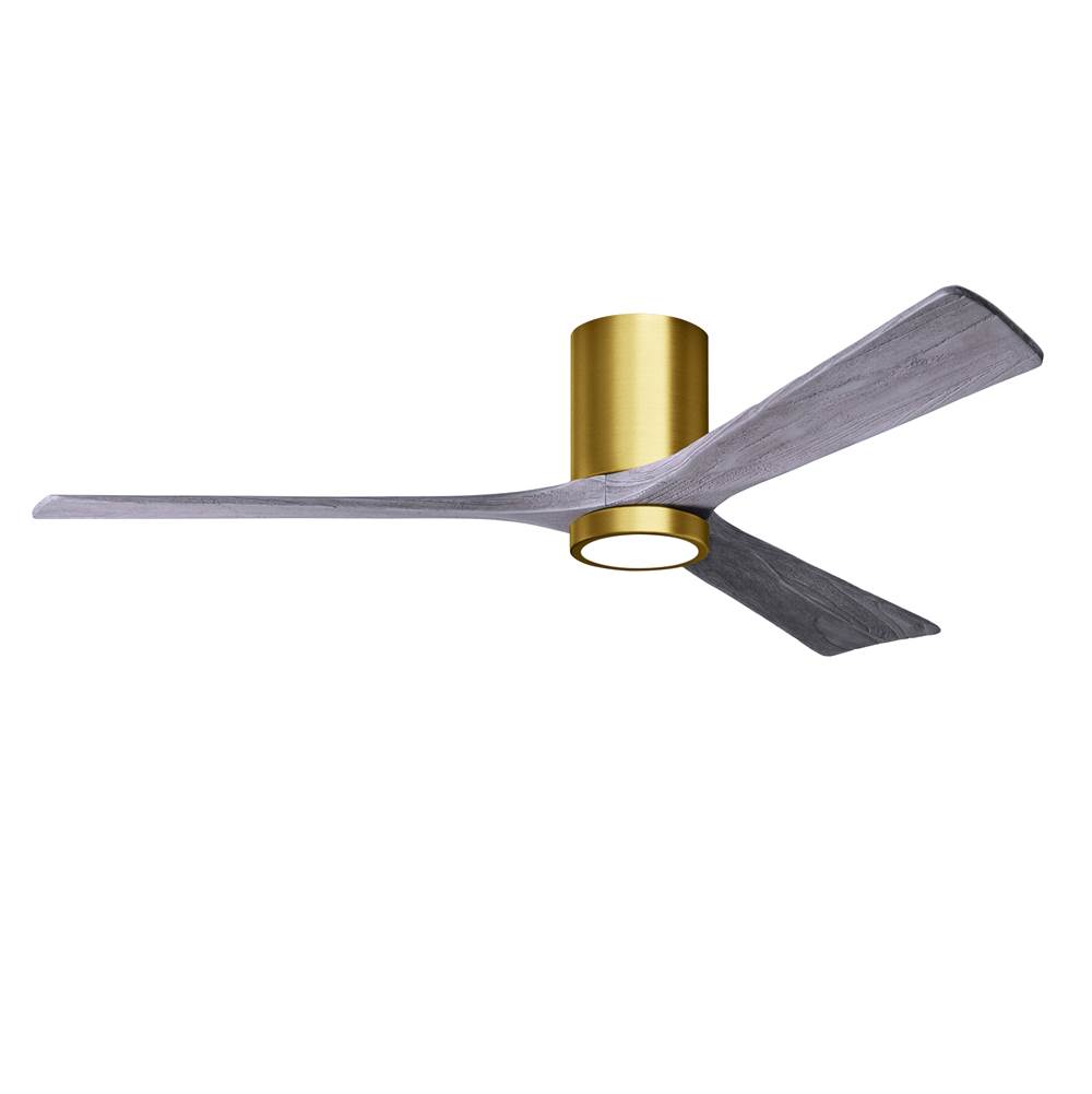 Matthews Fan Company Irene-3HLK three-blade flush mount paddle fan in Brushed Brass finish with 60'' solid barn wood tone blades and integrated LED light kit.
