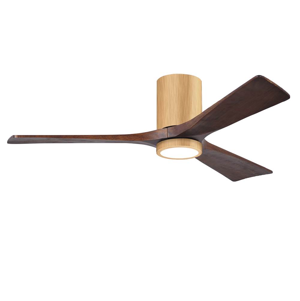 Matthews Fan Company Irene-3HLK three-blade flush mount paddle fan in Brushed Pewter finish with 52'' solid walnut tone blades and integrated LED light kit.
