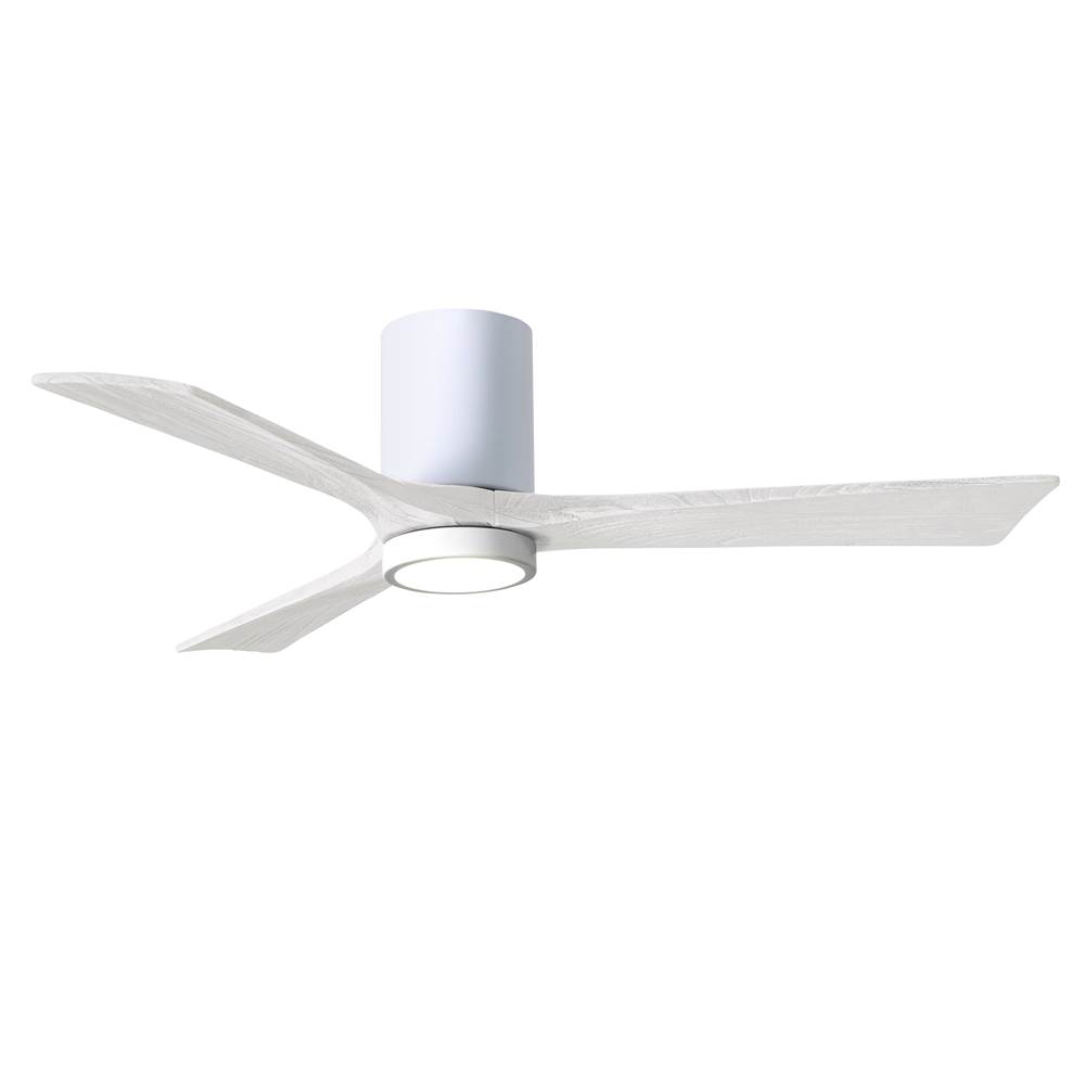 Matthews Fan Company Irene-3HLK three-blade flush mount paddle fan in Gloss White finish with 52'' solid matte white wood blades and integrated LED light kit.