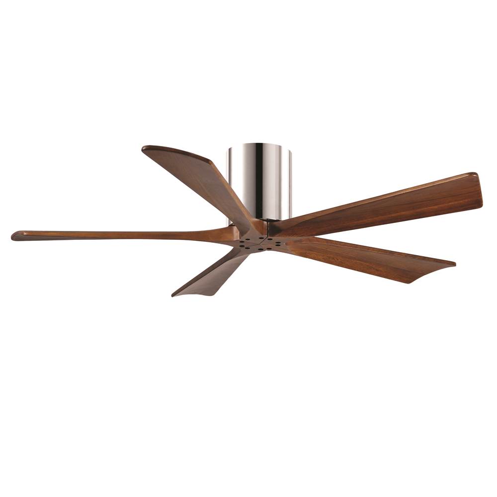 Matthews Fan Company Irene-5H five-blade flush mount paddle fan in Polished Chrome finish with 52'' solid walnut tone blades.